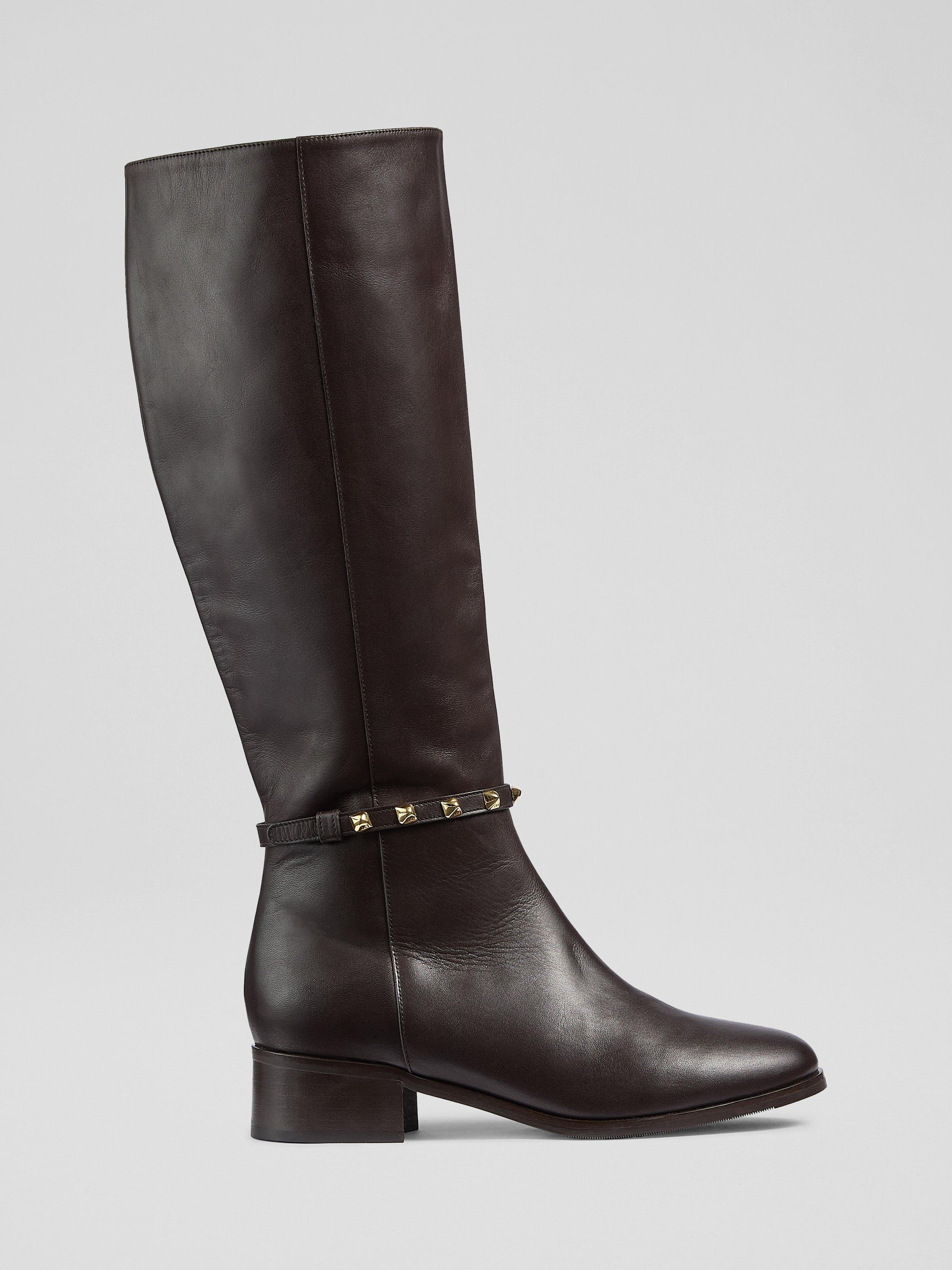 Product image 1 of 3, which shows L.K.Bennett Stevie Leather Stud Knee High Boots, Chocolate, 4