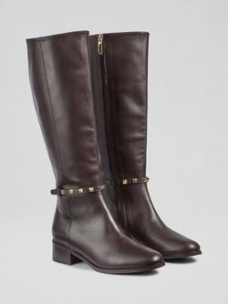 L.K.Bennett Stevie Leather Stud Knee High Boots - view 2, Chocolate