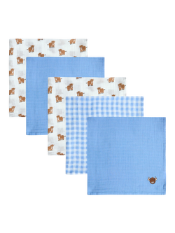 JoJo Maman Bébé Baby Highland Cow Embroidered Muslins, Pack of 5, Blue, Blue