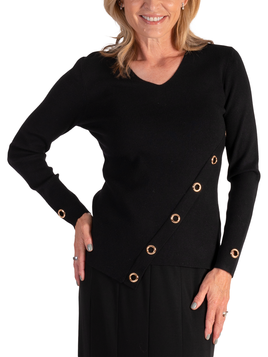 Product image 1 of 6, which shows chesca Eyelet Asymmetric Knit Top, Black, 12-14