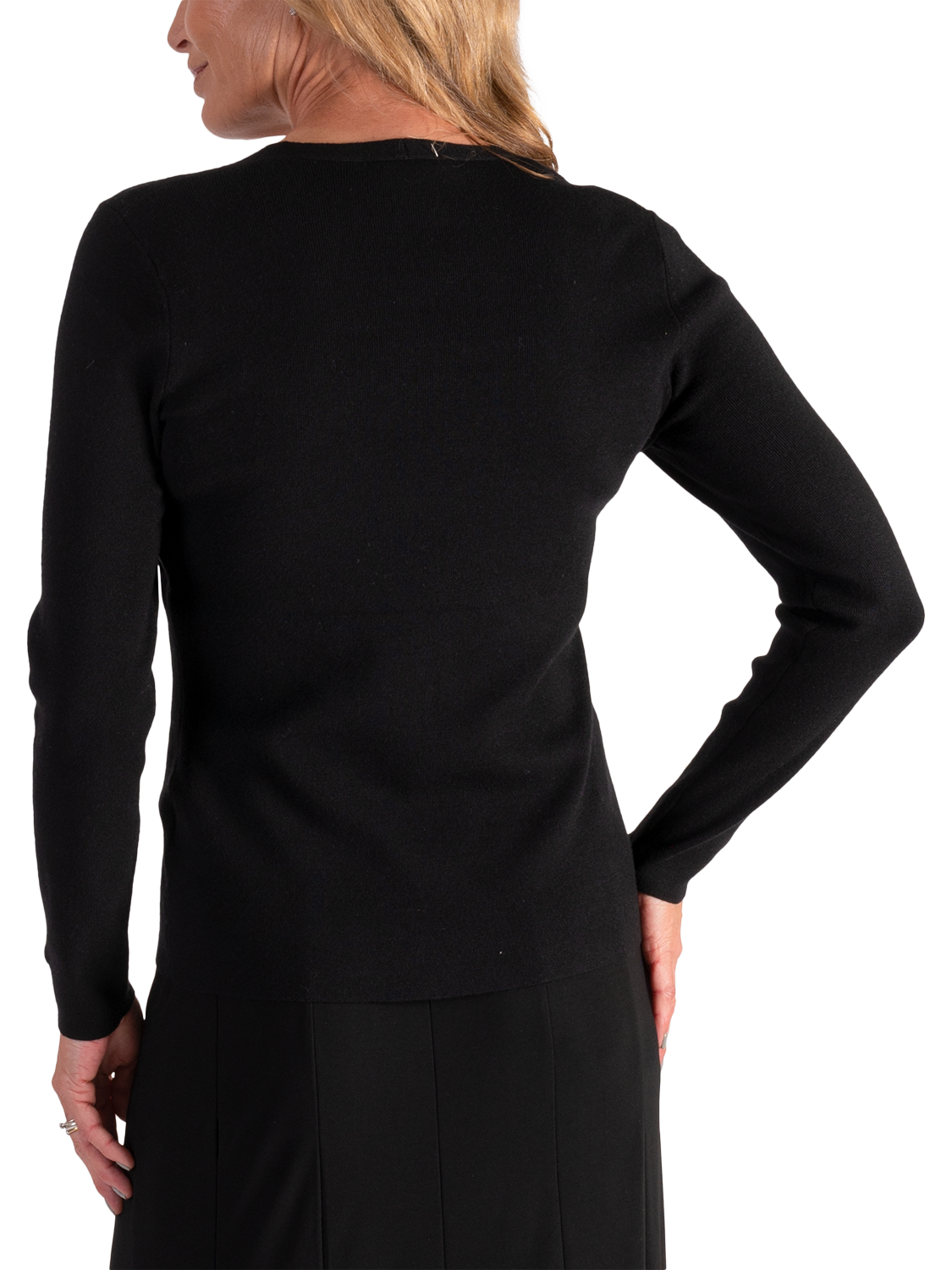 Product image 2 of 6, which shows chesca Eyelet Asymmetric Knit Top, Black, 12-14