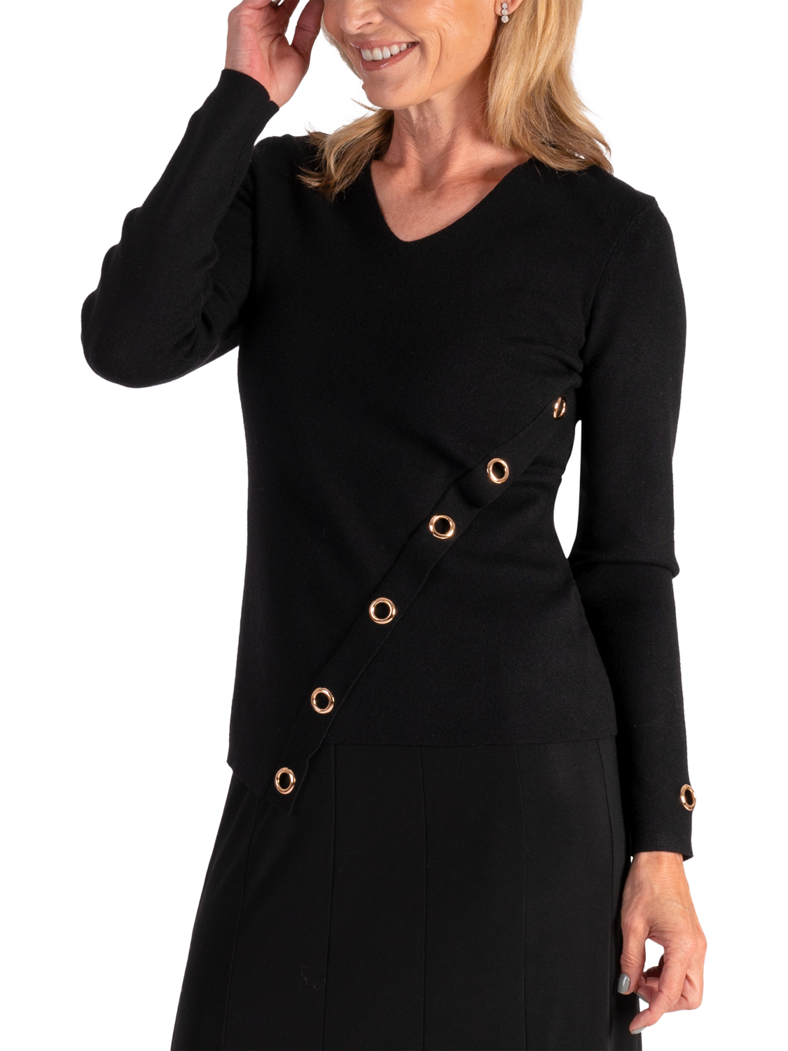 Product image 3 of 6, which shows chesca Eyelet Asymmetric Knit Top, Black, 12-14