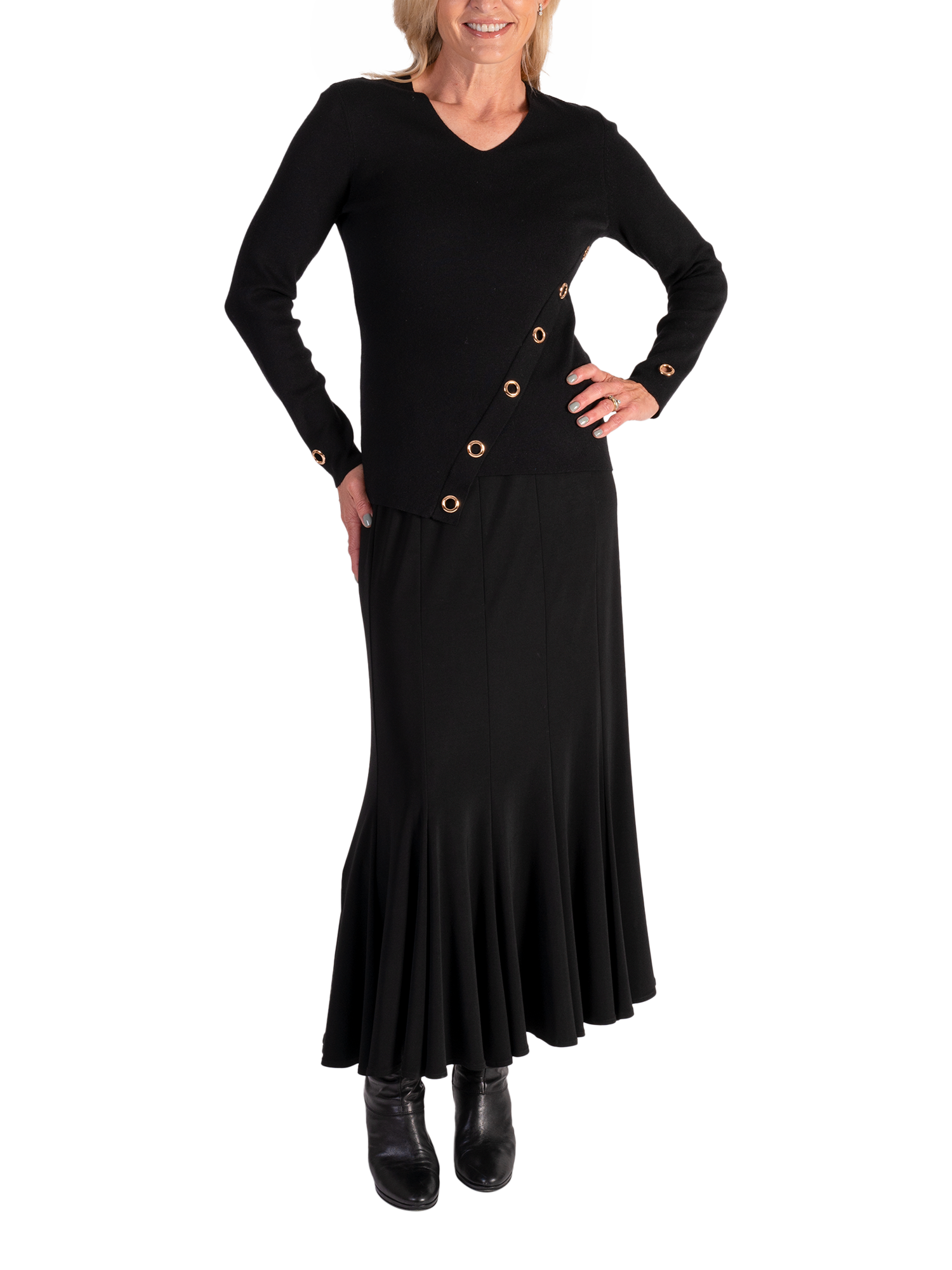 Product image 4 of 6, which shows chesca Eyelet Asymmetric Knit Top, Black, 12-14