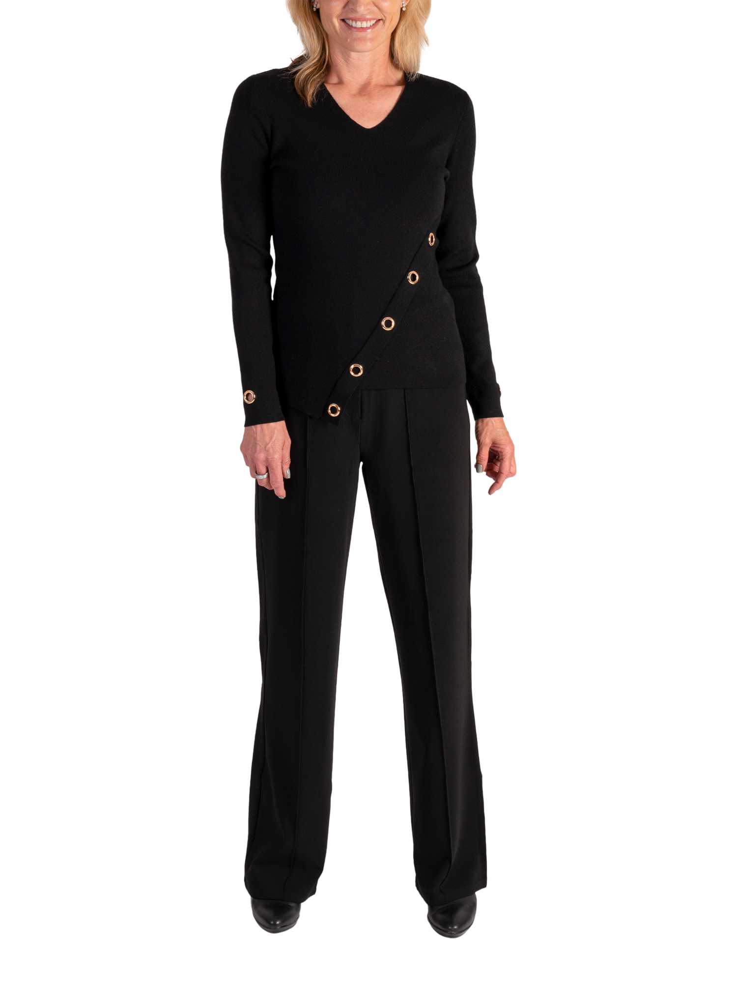 Product image 5 of 6, which shows chesca Eyelet Asymmetric Knit Top, Black, 12-14