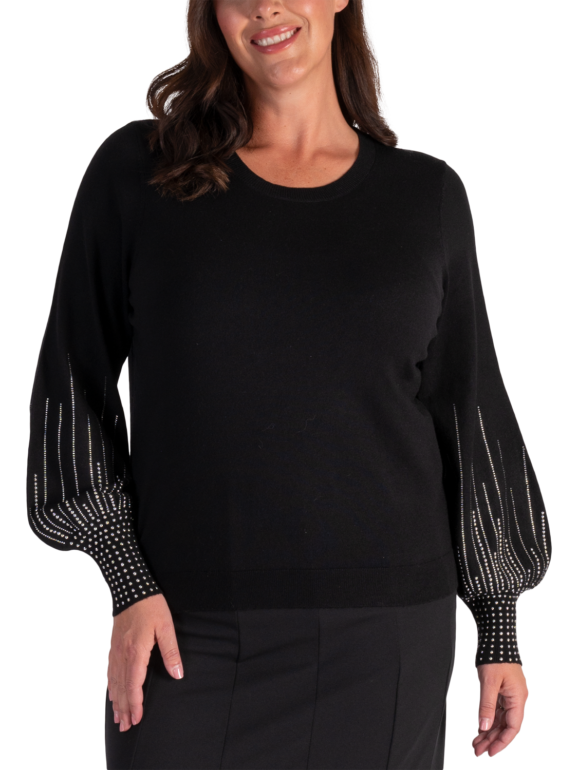 Product image 1 of 6, which shows chesca Embellished Puff Sleeve Jumper, Black, 12-14