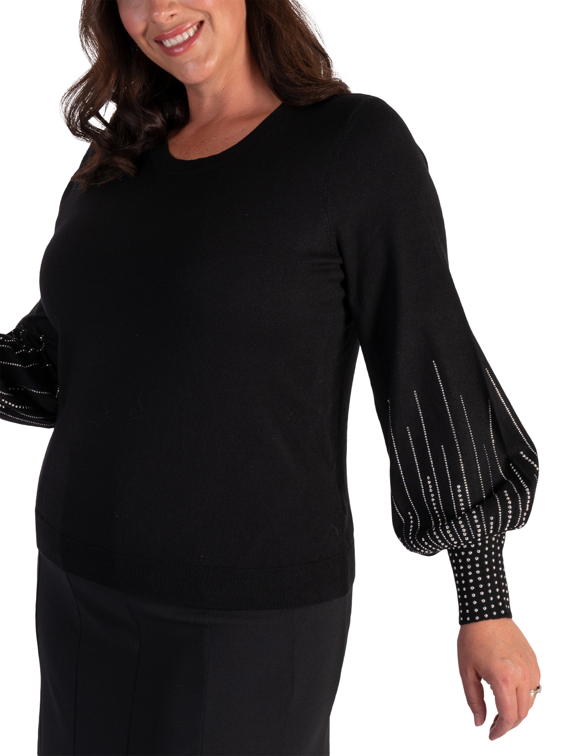 Product image 3 of 6, which shows chesca Embellished Puff Sleeve Jumper, Black, 12-14