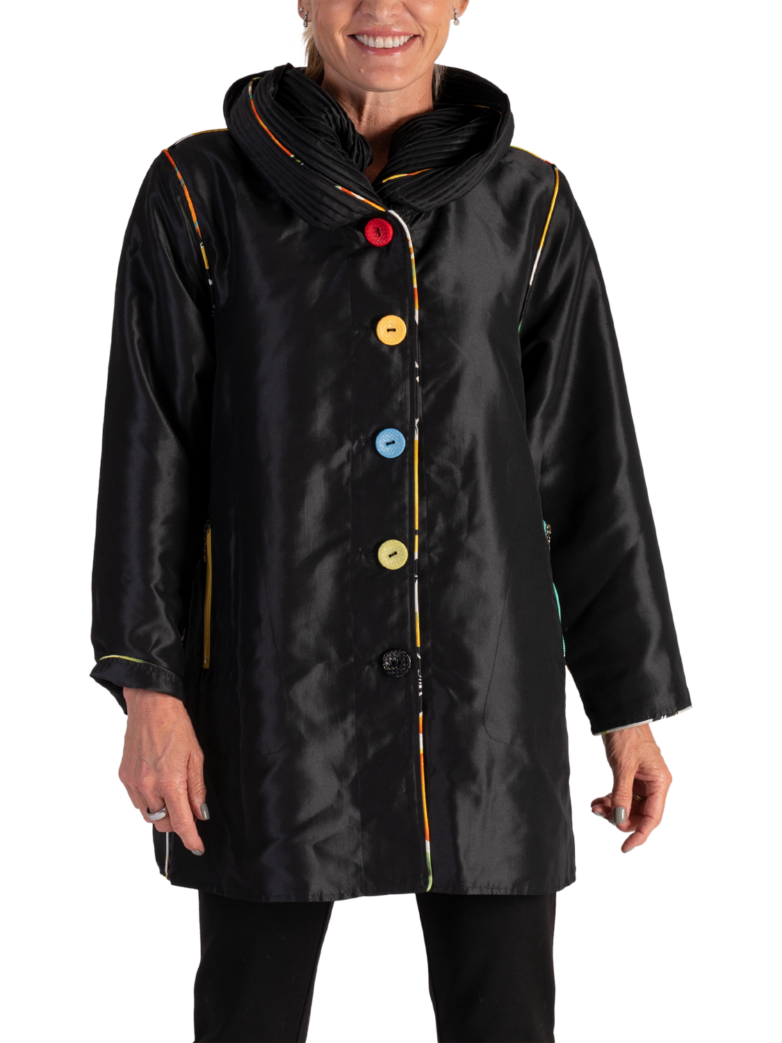 Product image 1 of 8, which shows chesca Reversible Water Repellent Coat, Black, 12-14