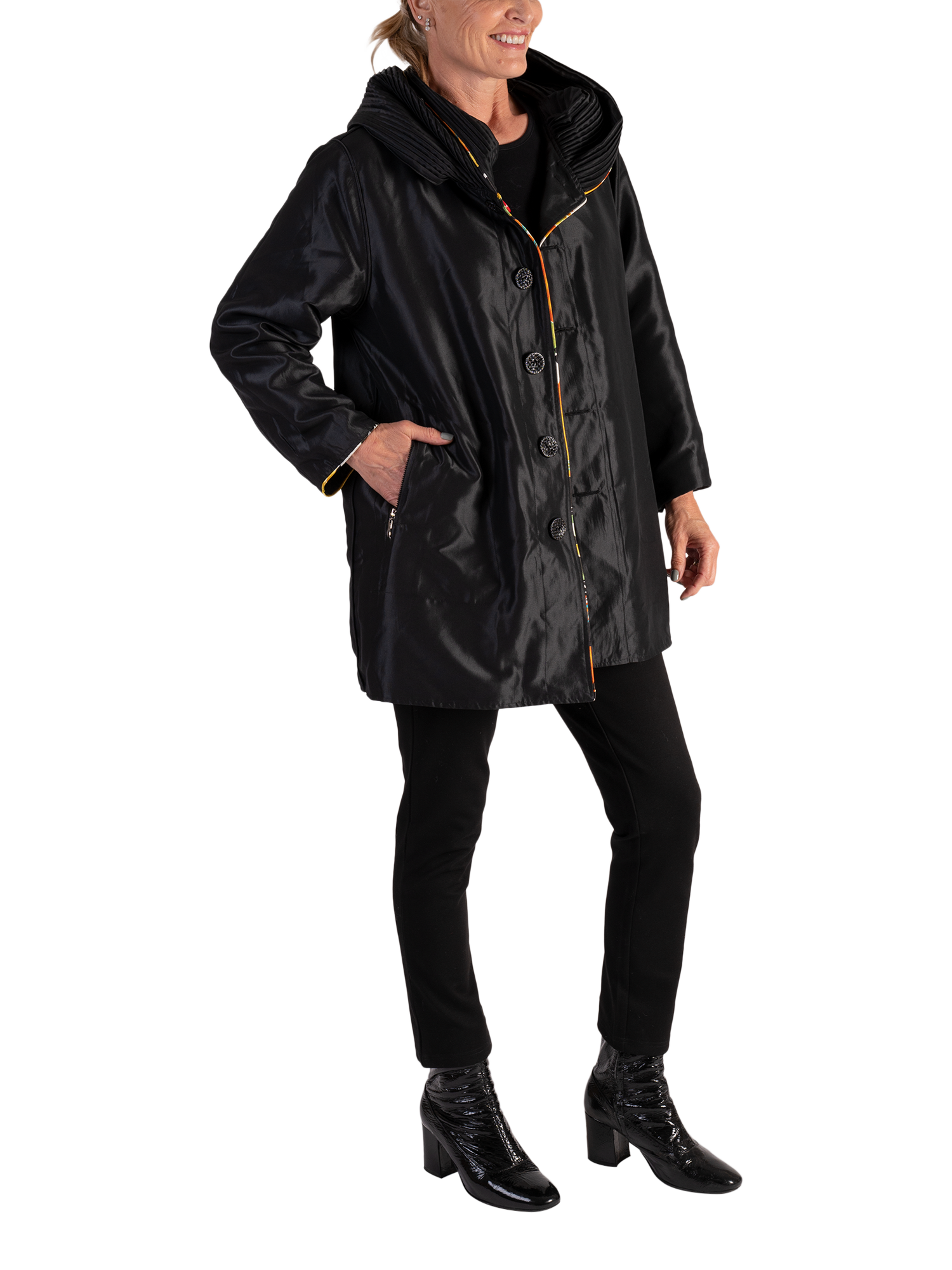 Product image 6 of 8, which shows chesca Reversible Water Repellent Coat, Black, 12-14