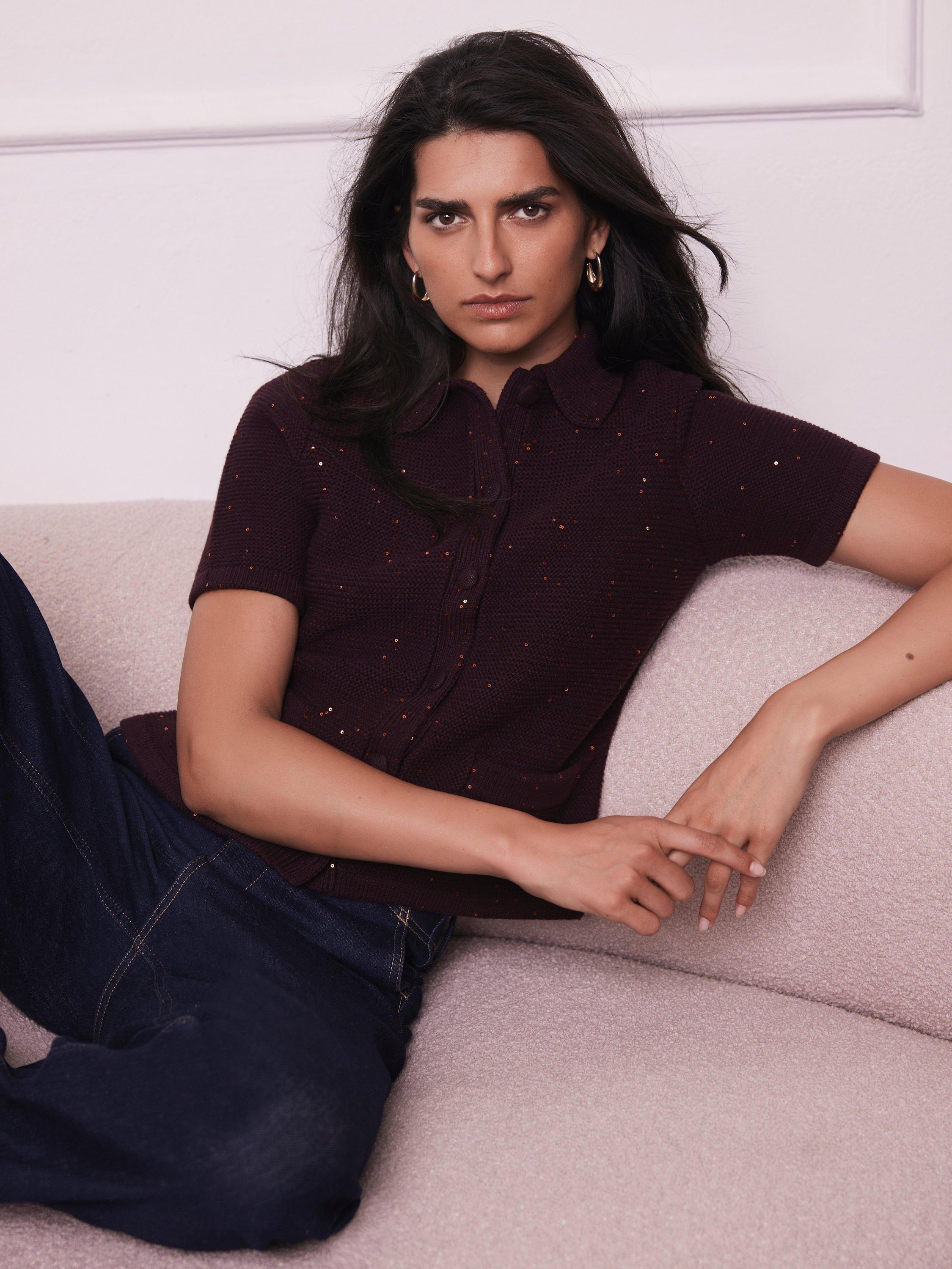 Product image 1 of 8, which shows Mint Velvet Cotton Blend Embellished Cardigan, Burgundy Red, S