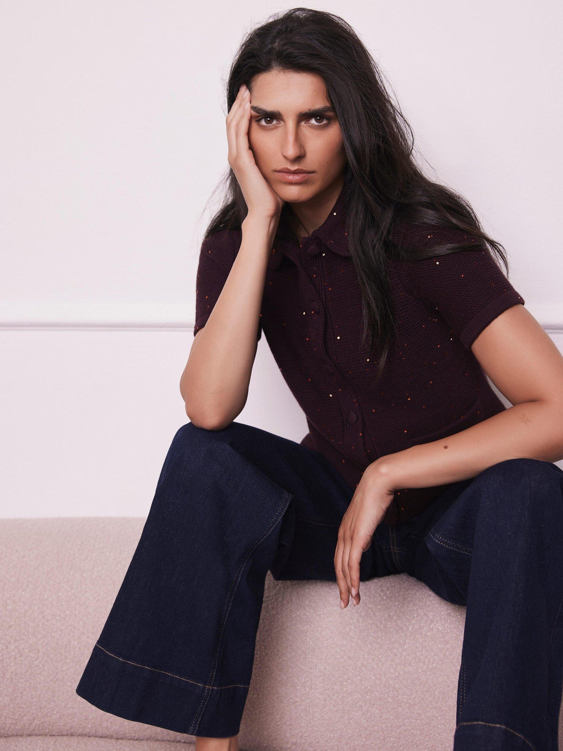 Product image 2 of 8, which shows Mint Velvet Cotton Blend Embellished Cardigan, Burgundy Red, S