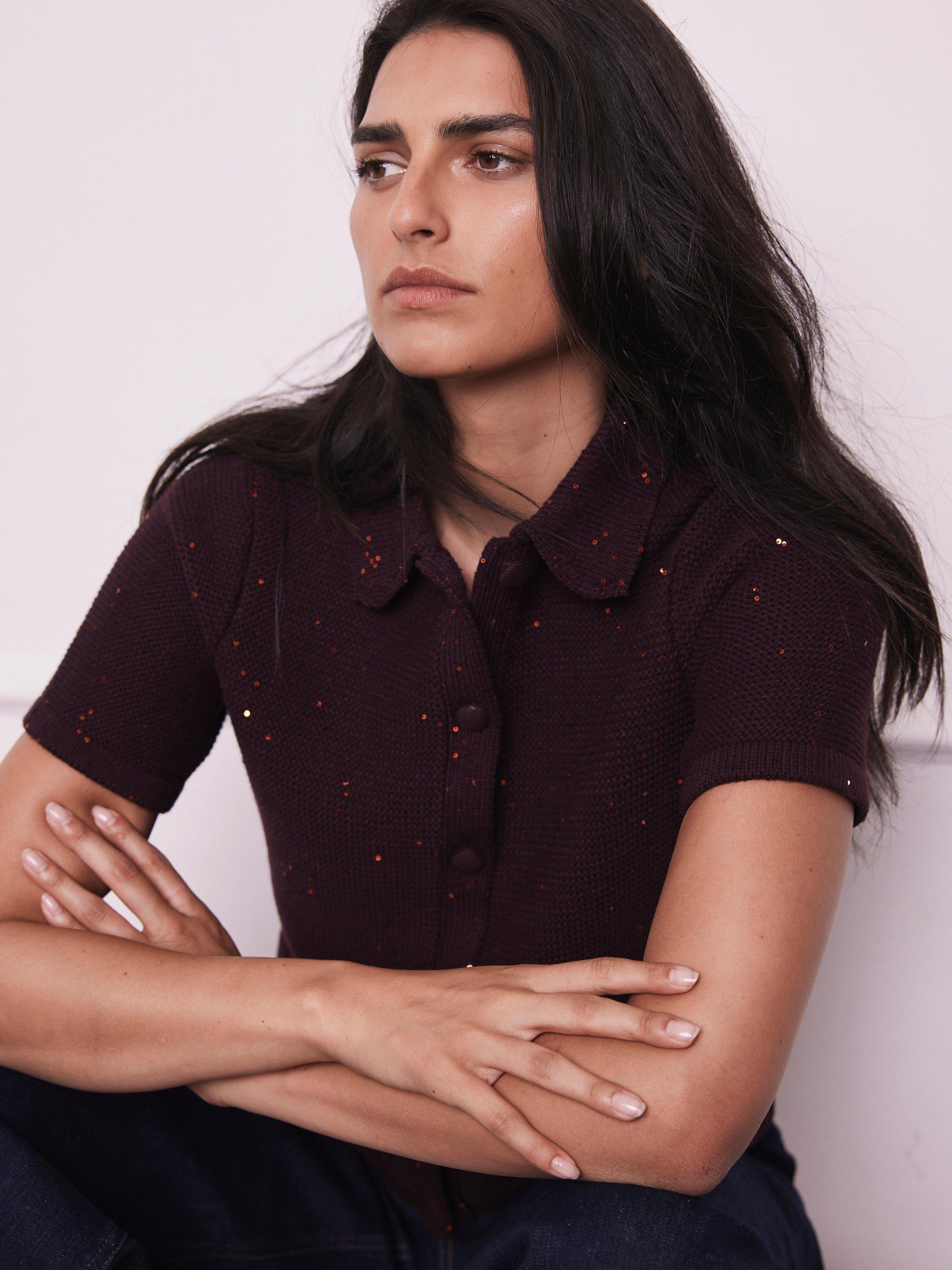 Product image 3 of 8, which shows Mint Velvet Cotton Blend Embellished Cardigan, Burgundy Red, S