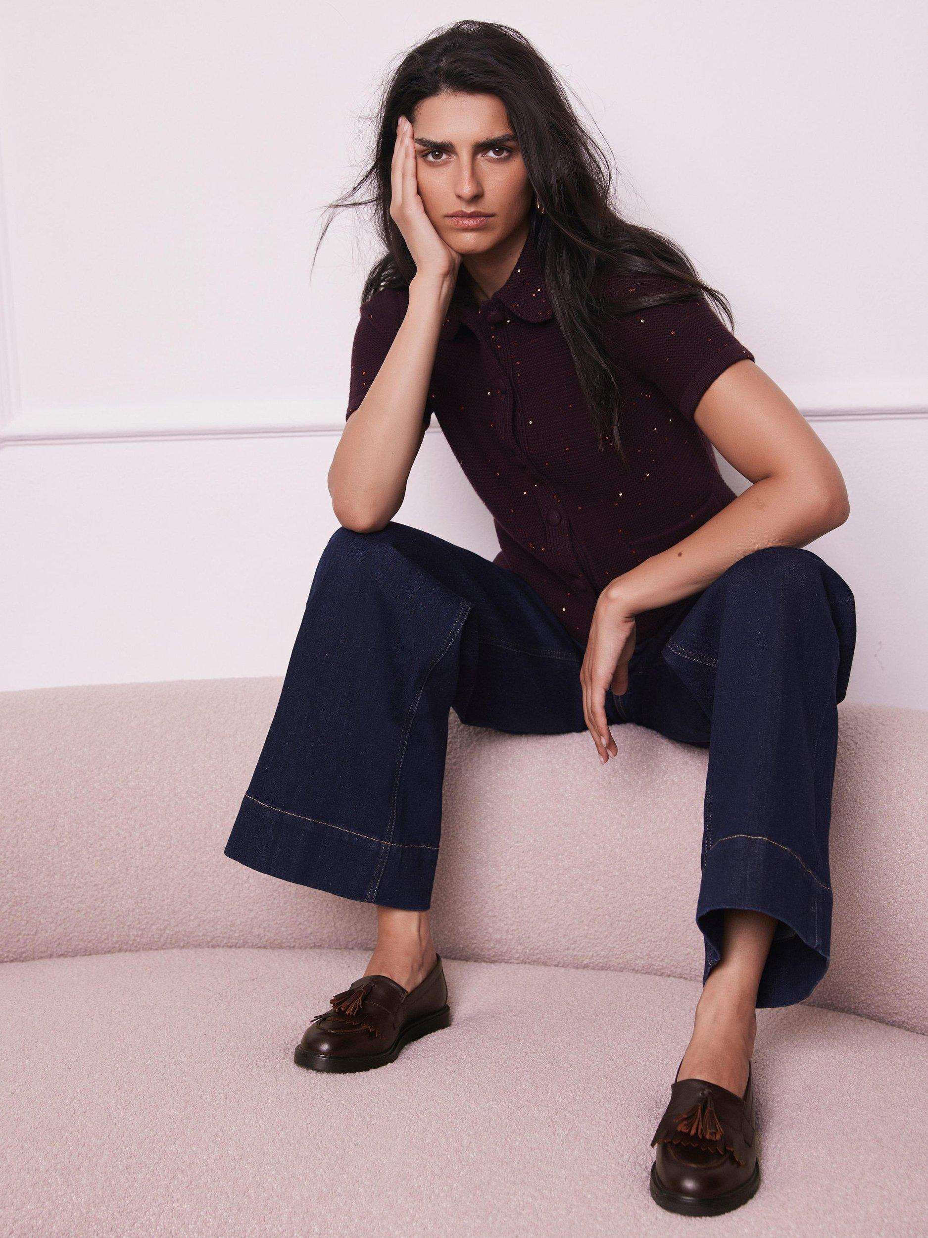 Product image 5 of 8, which shows Mint Velvet Cotton Blend Embellished Cardigan, Burgundy Red, S