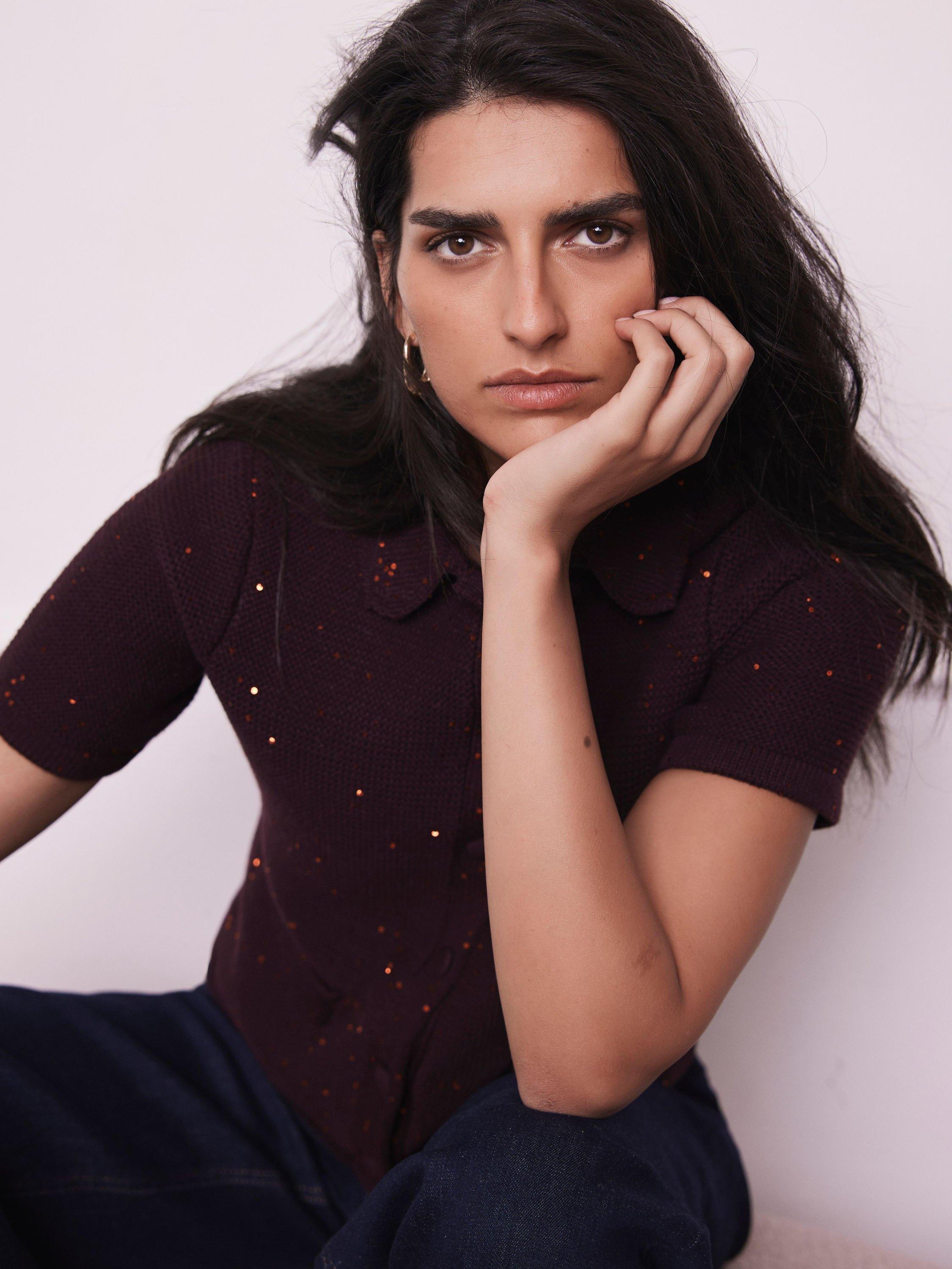 Product image 6 of 8, which shows Mint Velvet Cotton Blend Embellished Cardigan, Burgundy Red, S