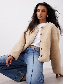 Mint Velvet Collarless Borg Jacket, Natural - view 2, Natural