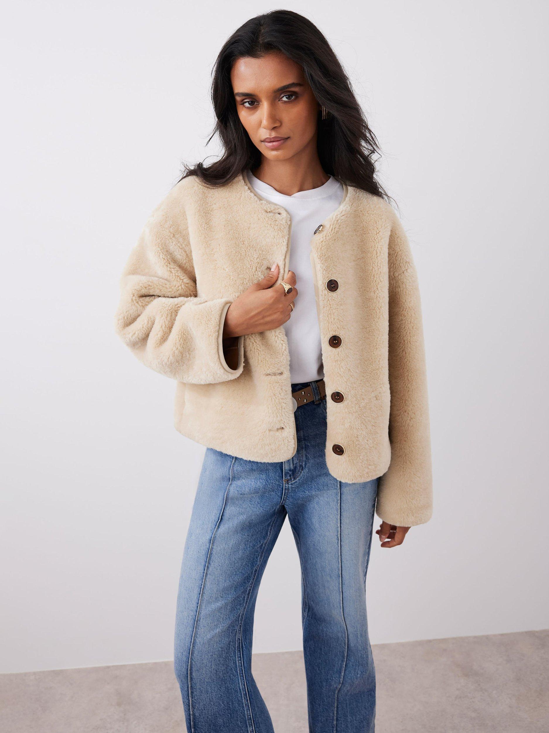 Product image 4 of 8, which shows Mint Velvet Collarless Borg Jacket, Natural, M