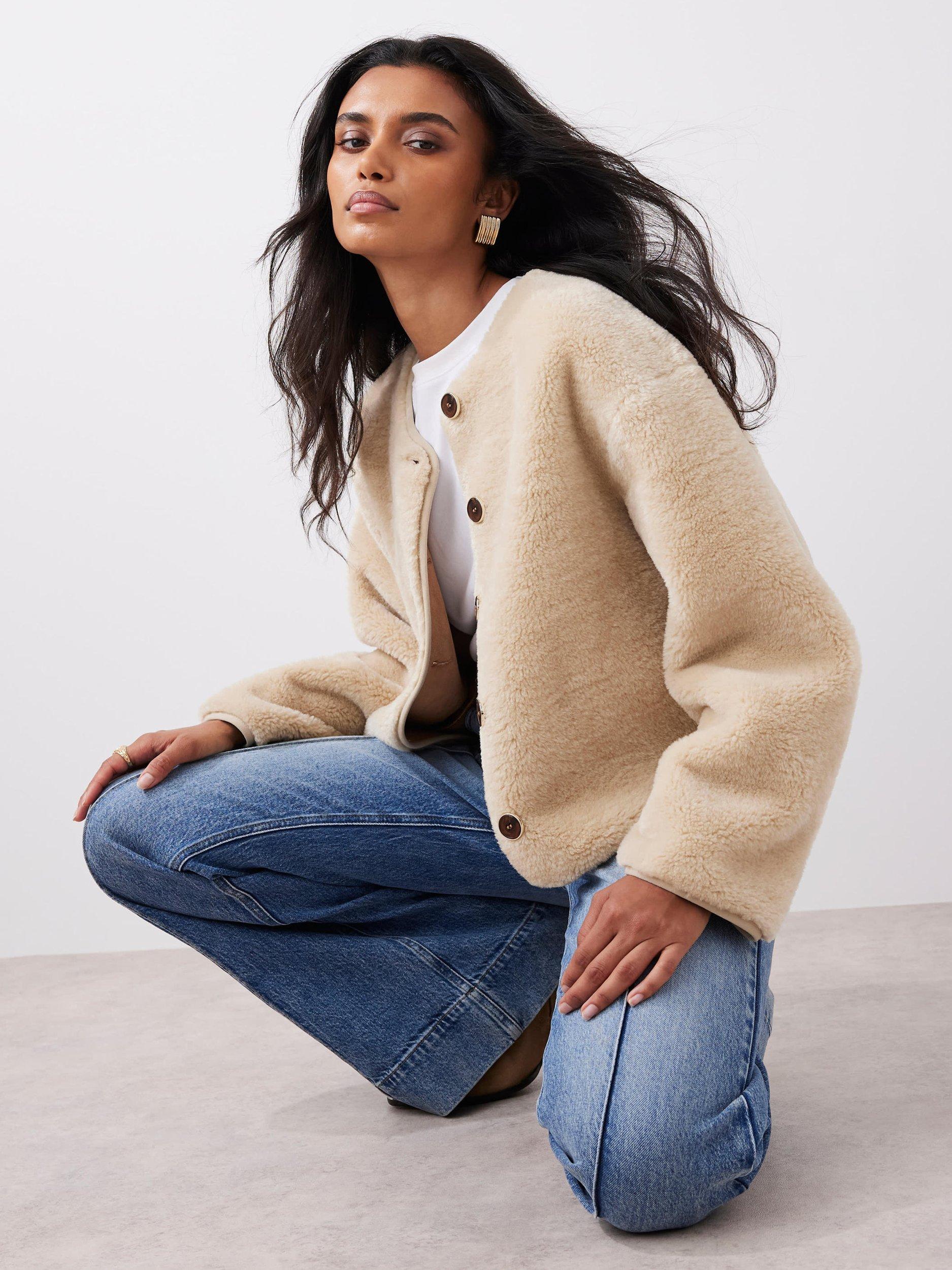 Product image 6 of 8, which shows Mint Velvet Collarless Borg Jacket, Natural, M