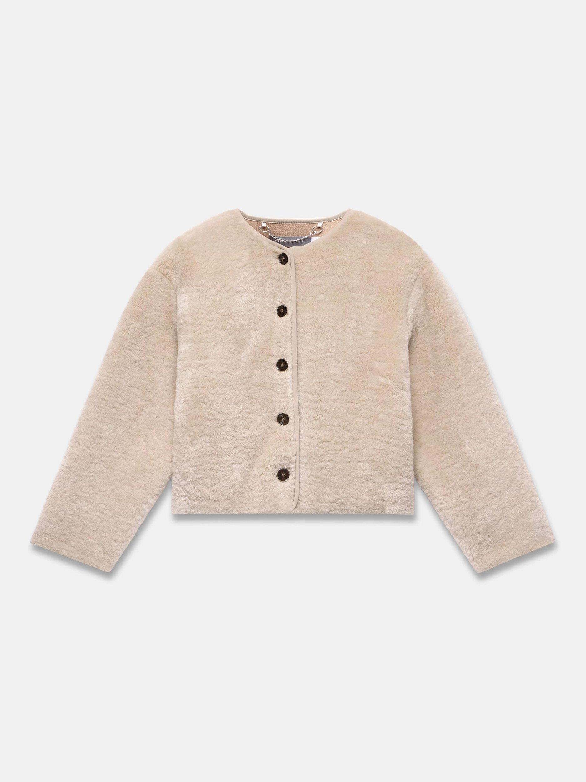 Product image 7 of 8, which shows Mint Velvet Collarless Borg Jacket, Natural, M