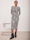Mint Velvet Drape Detail Animal Print Midi Dress, Black