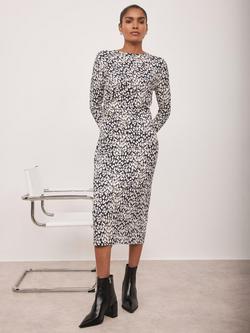 Mint Velvet Drape Detail Animal Print Midi Dress, Black, Black