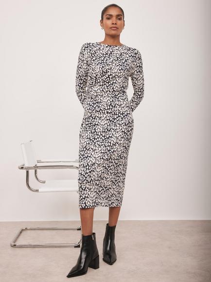 Mint Velvet Drape Detail Animal Print Midi Dress, Black, Black