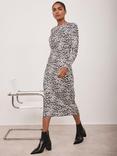 Mint Velvet Drape Detail Animal Print Midi Dress, Black