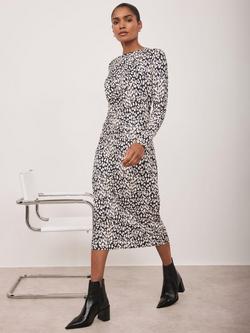Mint Velvet Drape Detail Animal Print Midi Dress, Black - view 2, Black