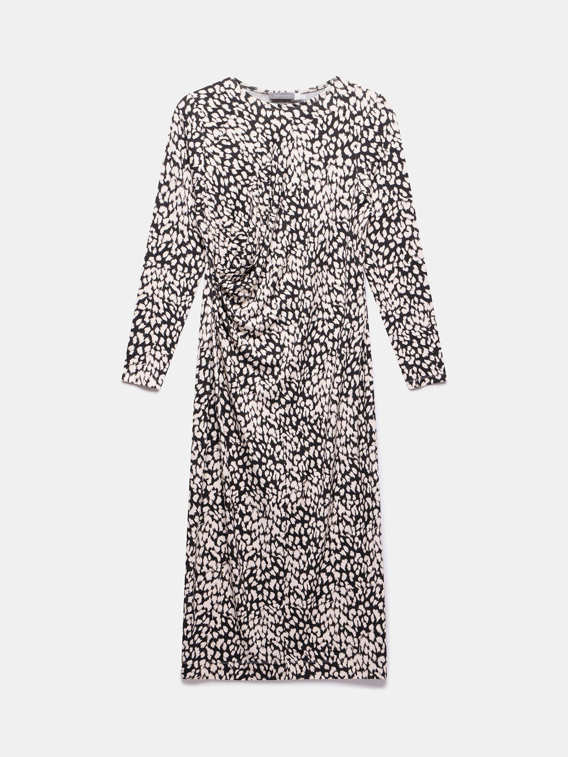 Mint Velvet Drape Detail Animal Print Midi Dress, Black