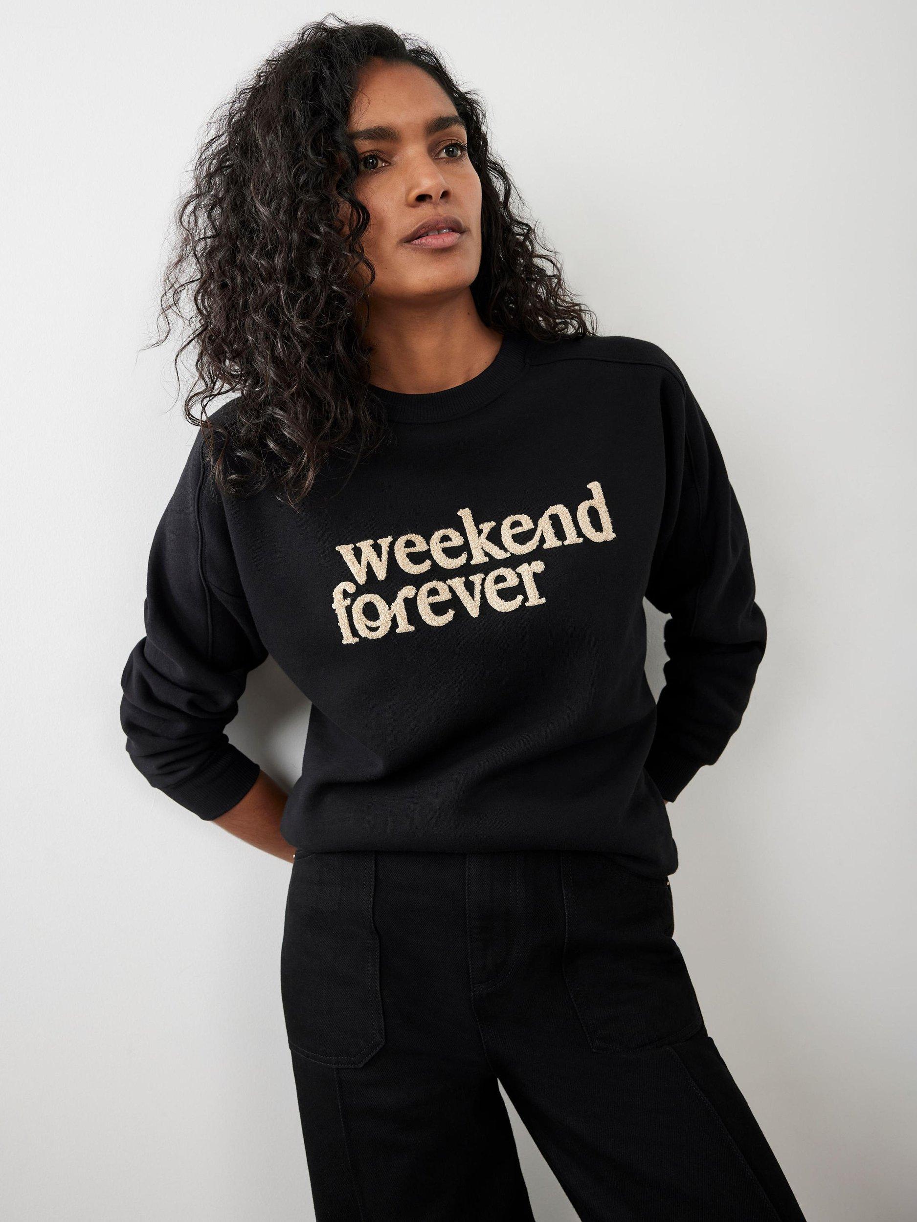 Product image 2 of 8, which shows Mint Velvet Forever Weekend Slogan Sweatshirt, Black/Multi, XL