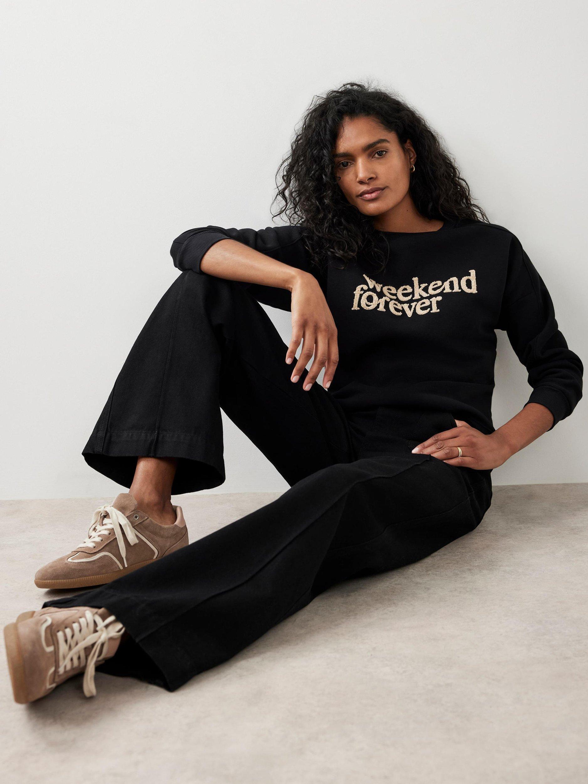 Product image 3 of 8, which shows Mint Velvet Forever Weekend Slogan Sweatshirt, Black/Multi, XL