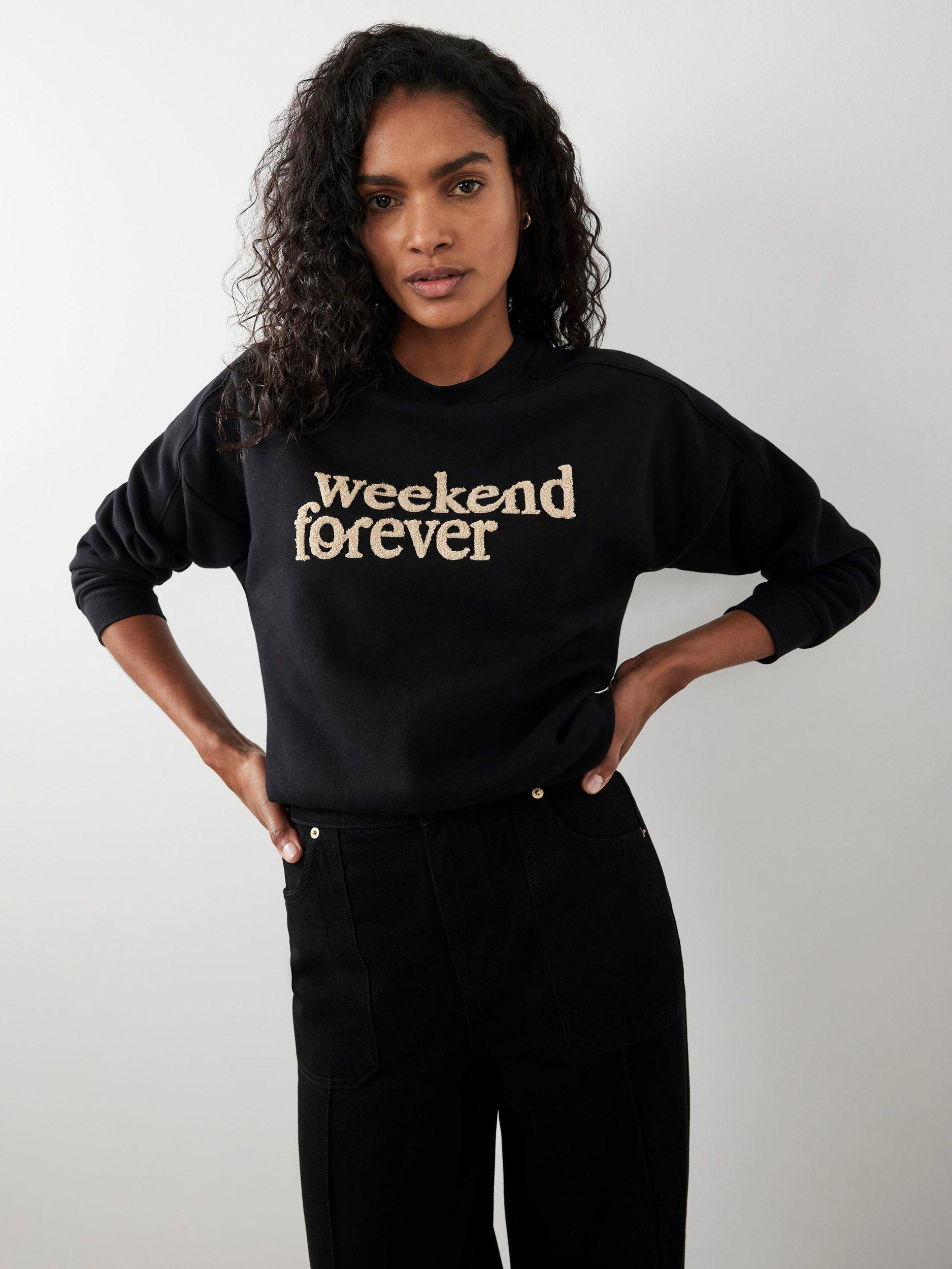 Product image 6 of 8, which shows Mint Velvet Forever Weekend Slogan Sweatshirt, Black/Multi, XL