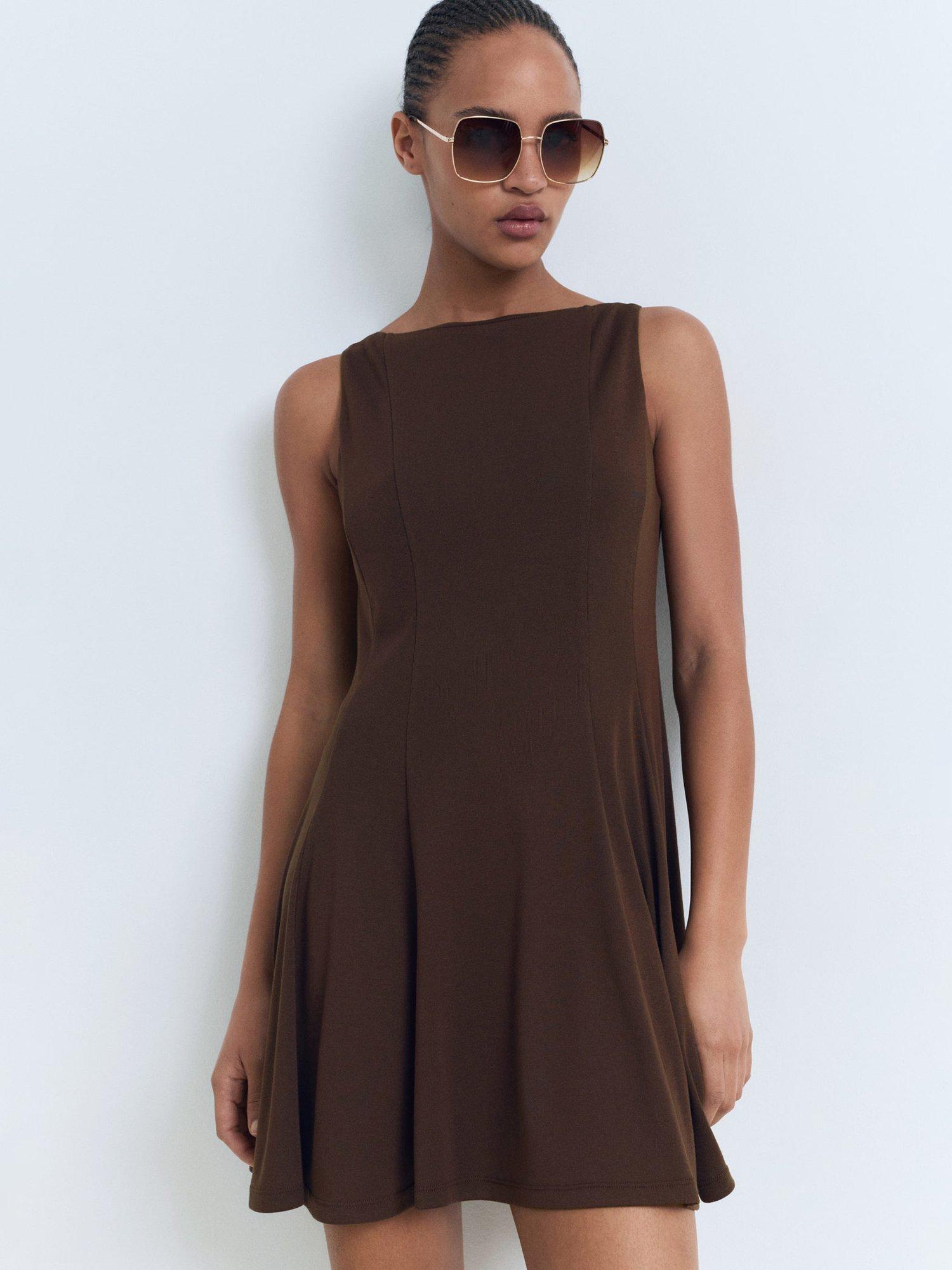 Product image 1 of 8, which shows Mango Sicily Pleated Mini Dress, Dark Brown, 6