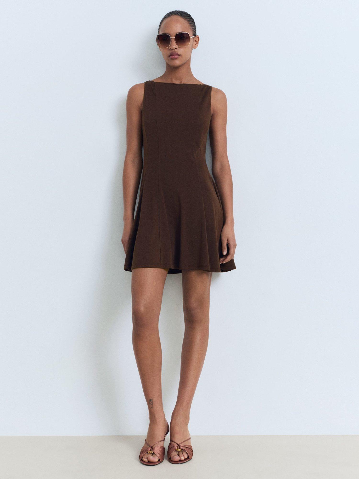 Product image 2 of 8, which shows Mango Sicily Pleated Mini Dress, Dark Brown, 6