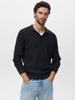 Mango Antigua Cotton Blend Regular Fit Long Sleeve Polo Shirt, Navy