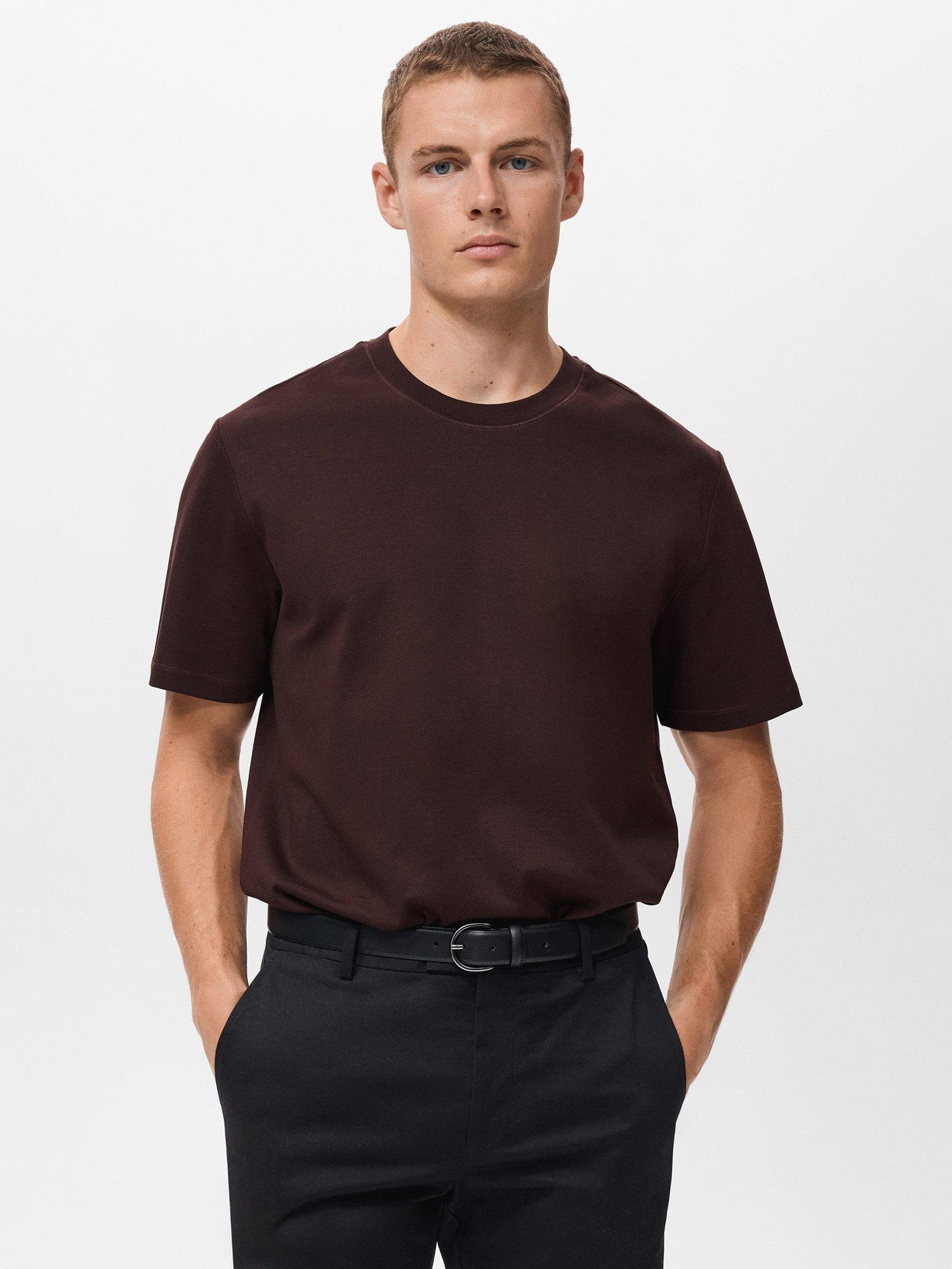 Product image 1 of 8, which shows Mango Kimi Cotton Regular Fit Short Sleeve T-Shirt, Dark Red, XS