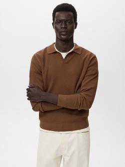 Mango Antigua Cotton Blend Regular Fit Long Sleeve Polo Shirt, Medium Brown