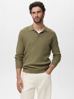 Mango Antigua Cotton Blend Regular Fit Long Sleeve Polo Shirt, Medium Green