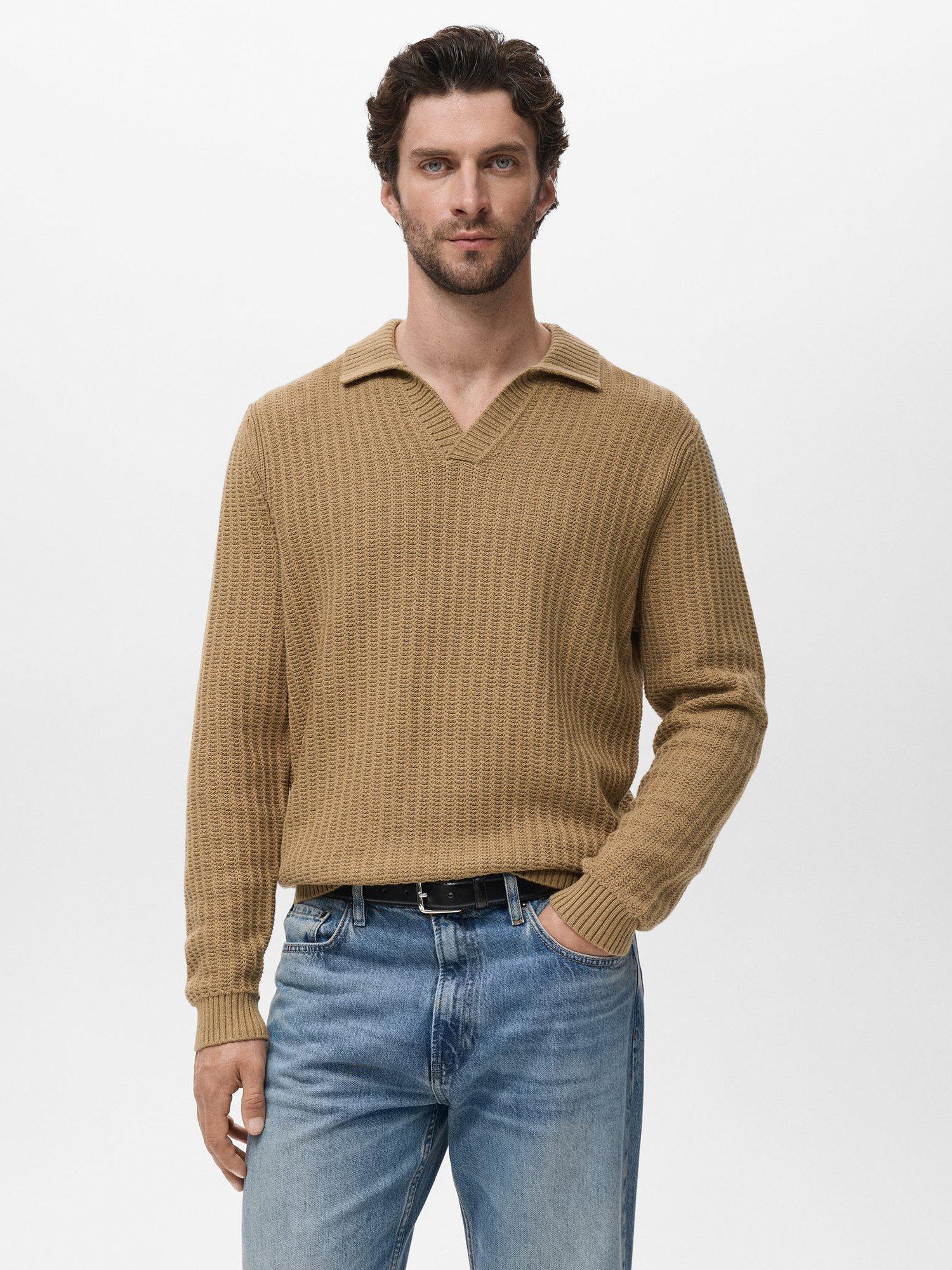 Product image 1 of 9, which shows Mango Rioja Buttonless Long Sleeve Cotton Polo Shirt, Light Beige, XL