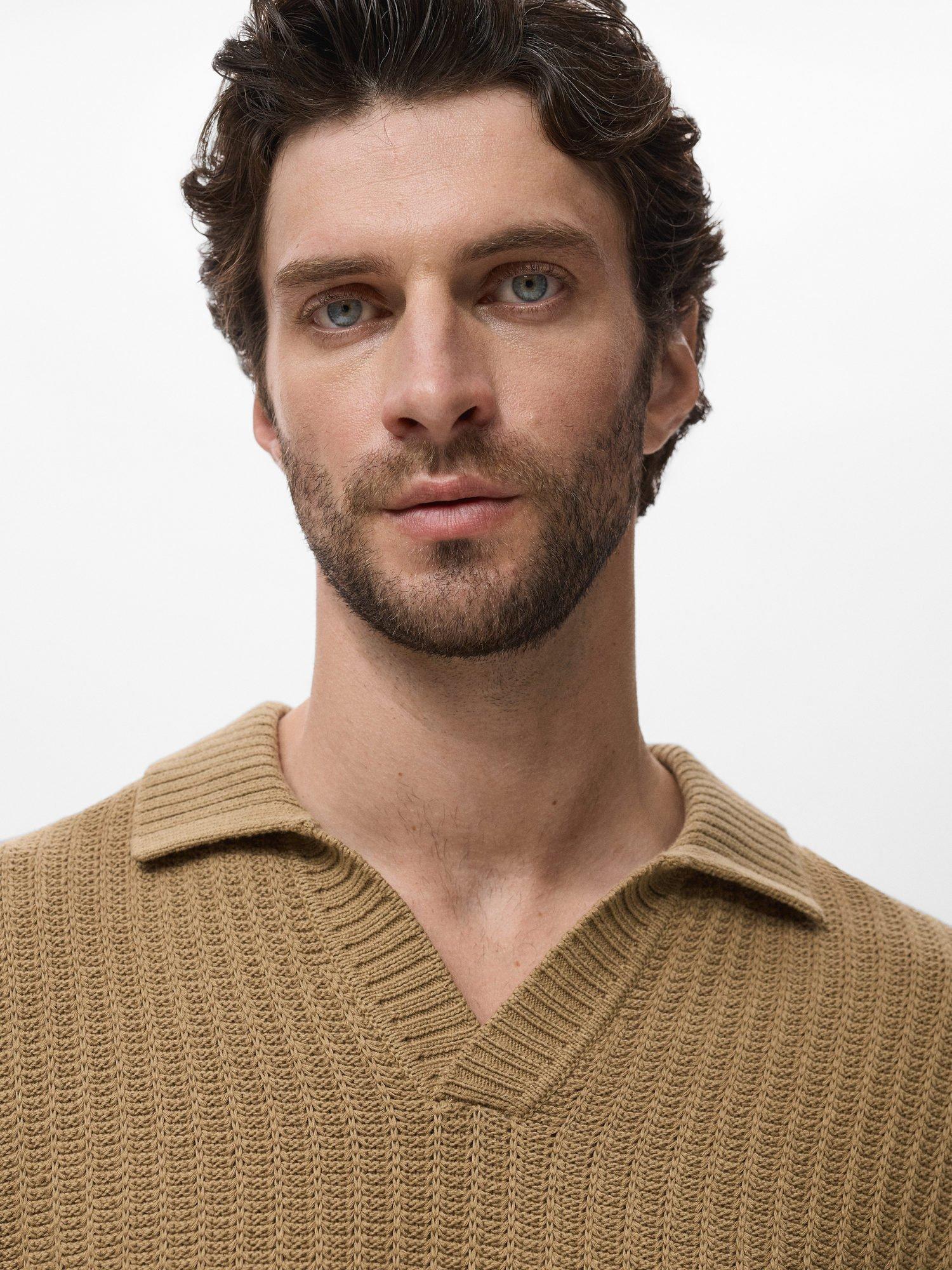 Product image 6 of 9, which shows Mango Rioja Buttonless Long Sleeve Cotton Polo Shirt, Light Beige, XL