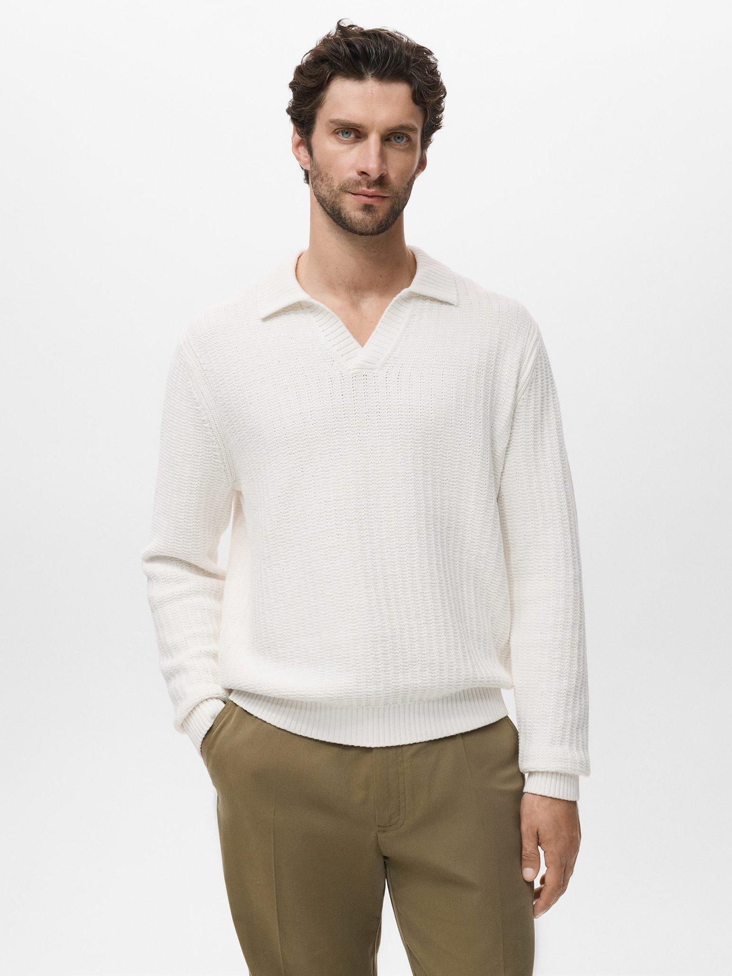 Product image 1 of 9, which shows Mango Rioja Buttonless Long Sleeve Cotton Polo Shirt, Natural White, S