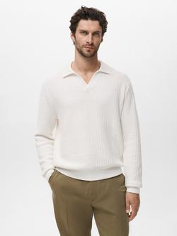 Mango Rioja Buttonless Long Sleeve Cotton Polo Shirt, Natural White