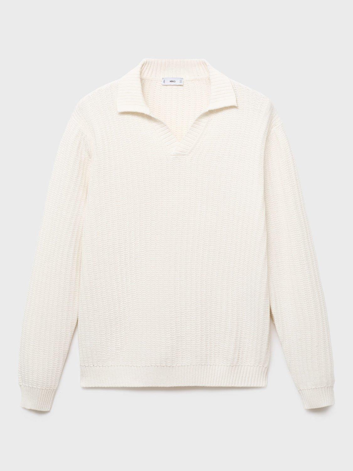 Product image 3 of 9, which shows Mango Rioja Buttonless Long Sleeve Cotton Polo Shirt, Natural White, S