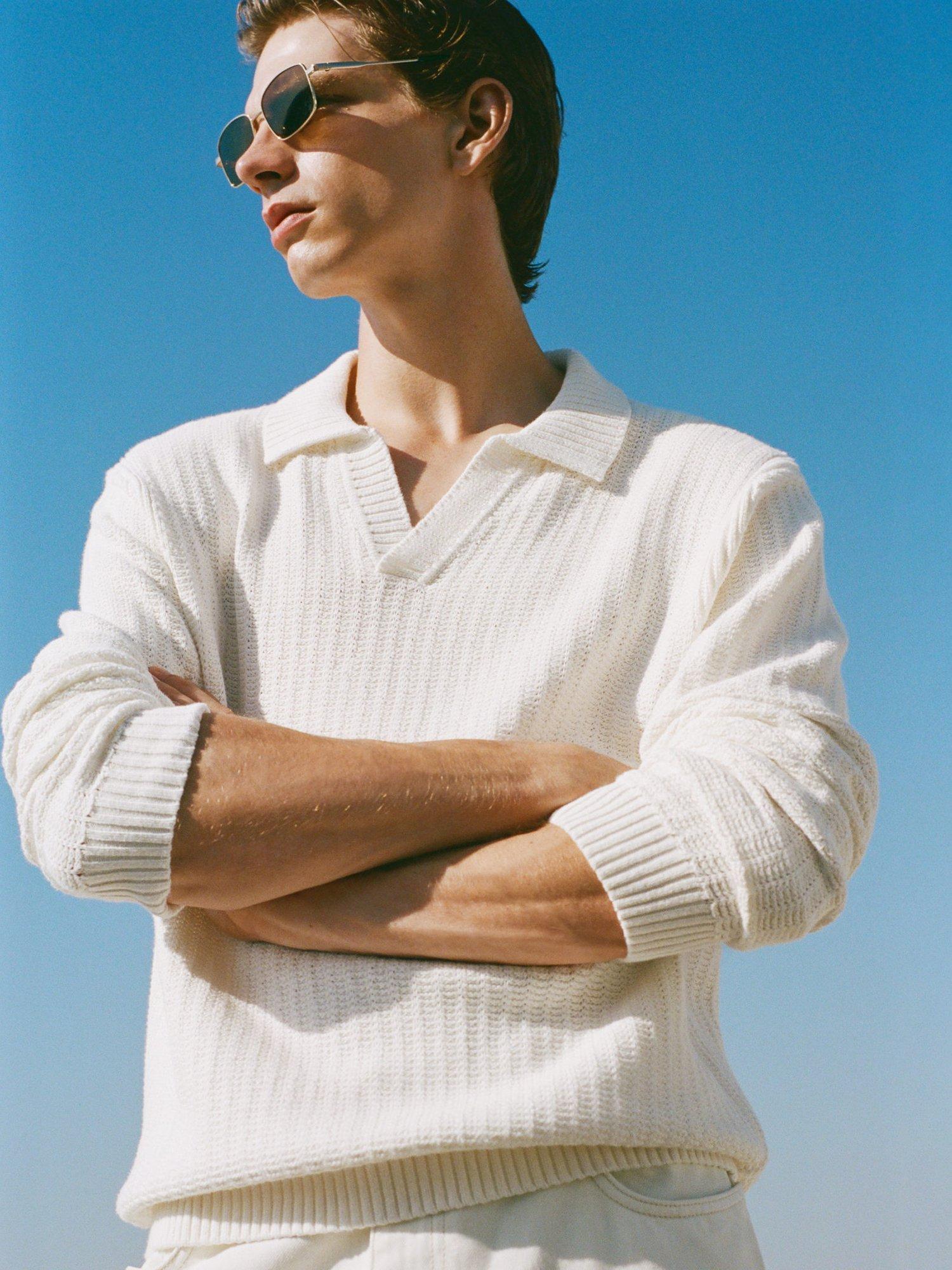 Product image 8 of 9, which shows Mango Rioja Buttonless Long Sleeve Cotton Polo Shirt, Natural White, S