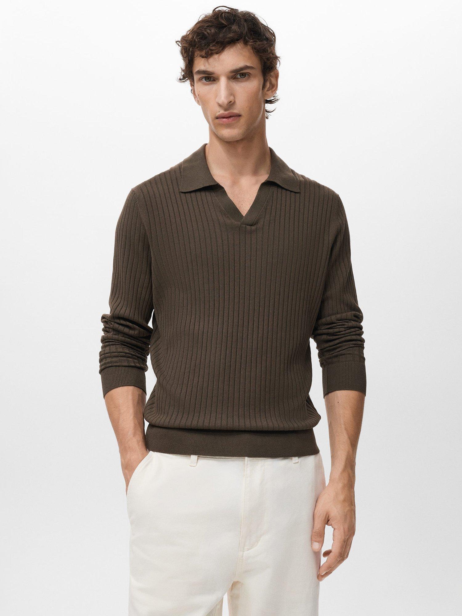 Product image 1 of 8, which shows Mango Taurus Buttonless Long Sleeve Polo Shirt, Brown, M