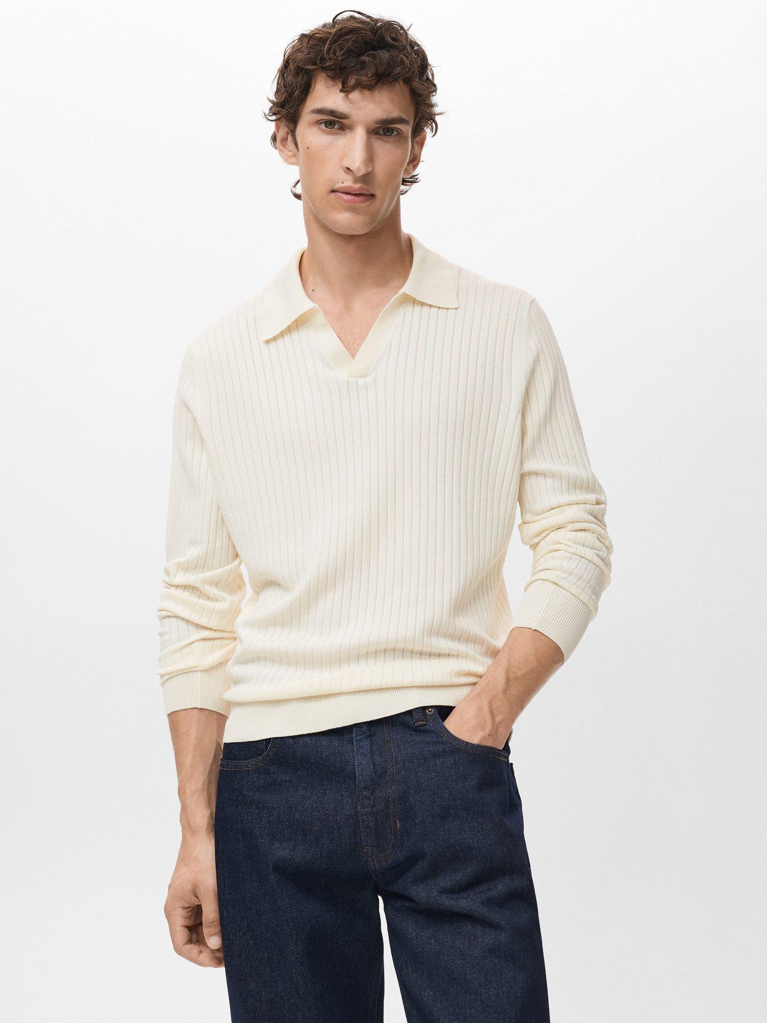 Product image 1 of 8, which shows Mango Taurus Buttonless Long Sleeve Polo Shirt, Natural White, XXL