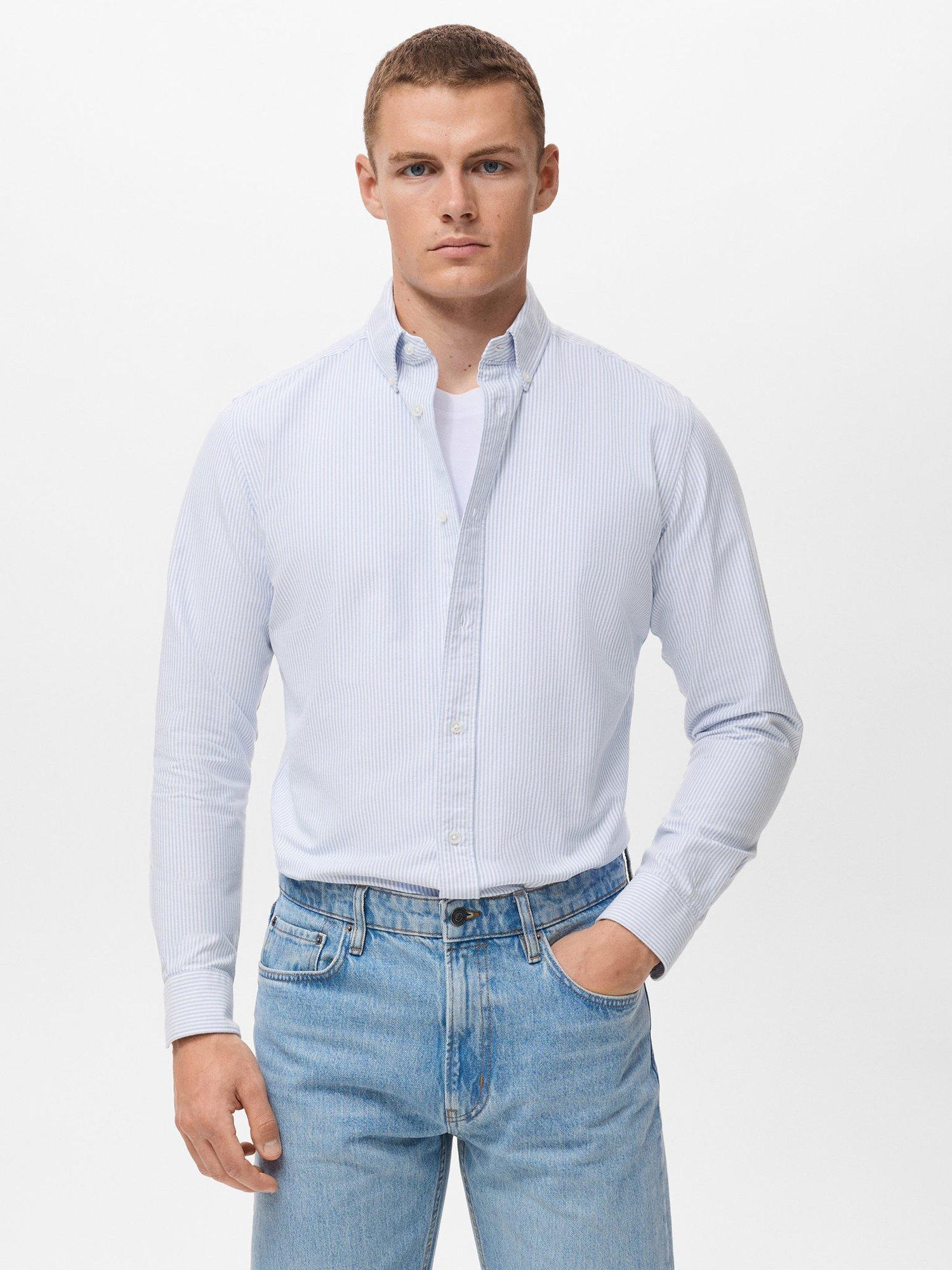 Product image 1 of 9, which shows Mango Kodak Cotton Regular Fit Stripe Shirt, Pastel Blue, L