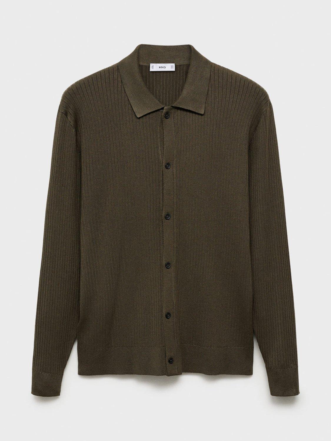 Product image 3 of 8, which shows Mango London Regular Fit Ribbed Collar Knitted Shirt, Khaki, L