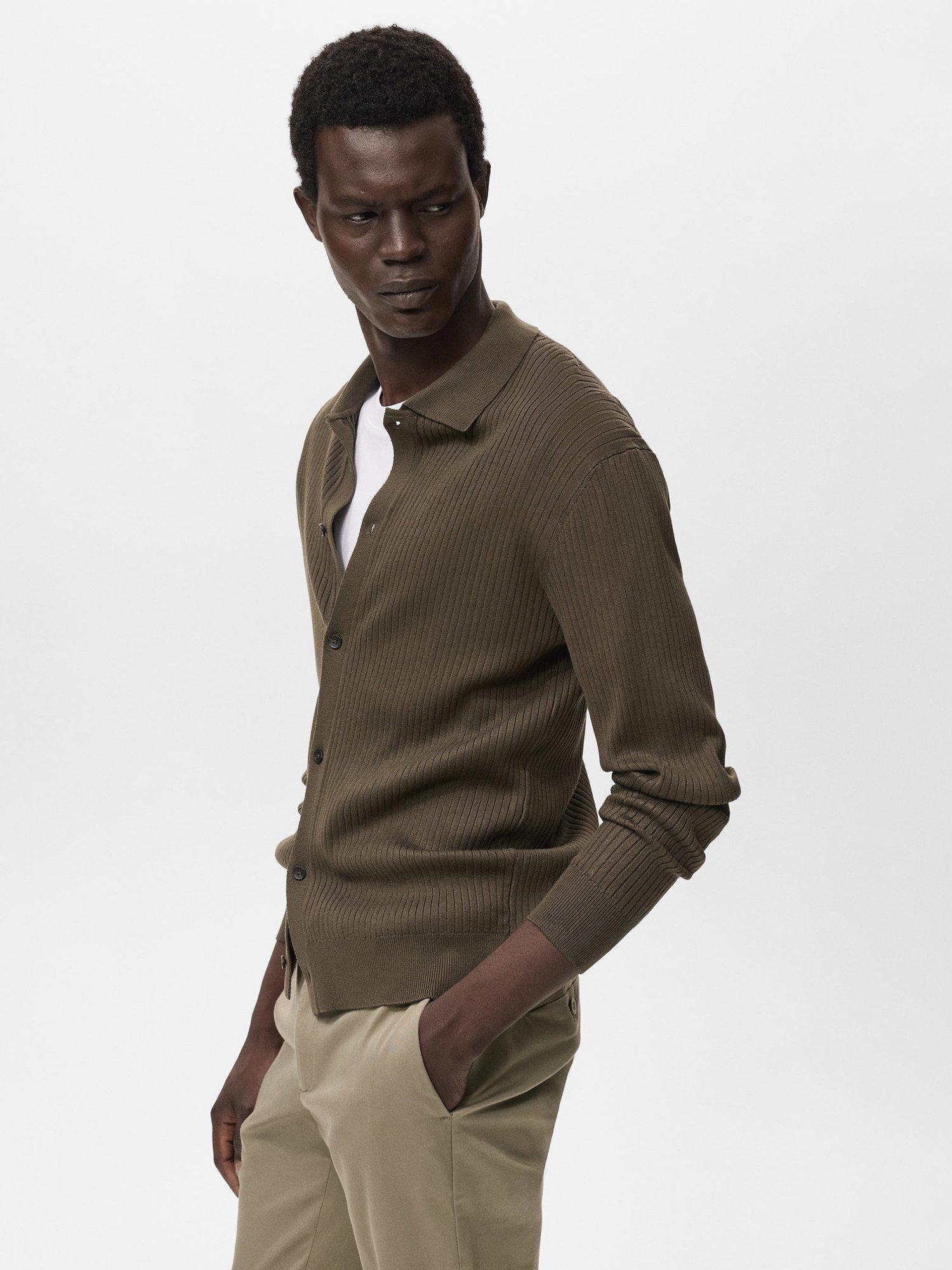 Product image 7 of 8, which shows Mango London Regular Fit Ribbed Collar Knitted Shirt, Khaki, L