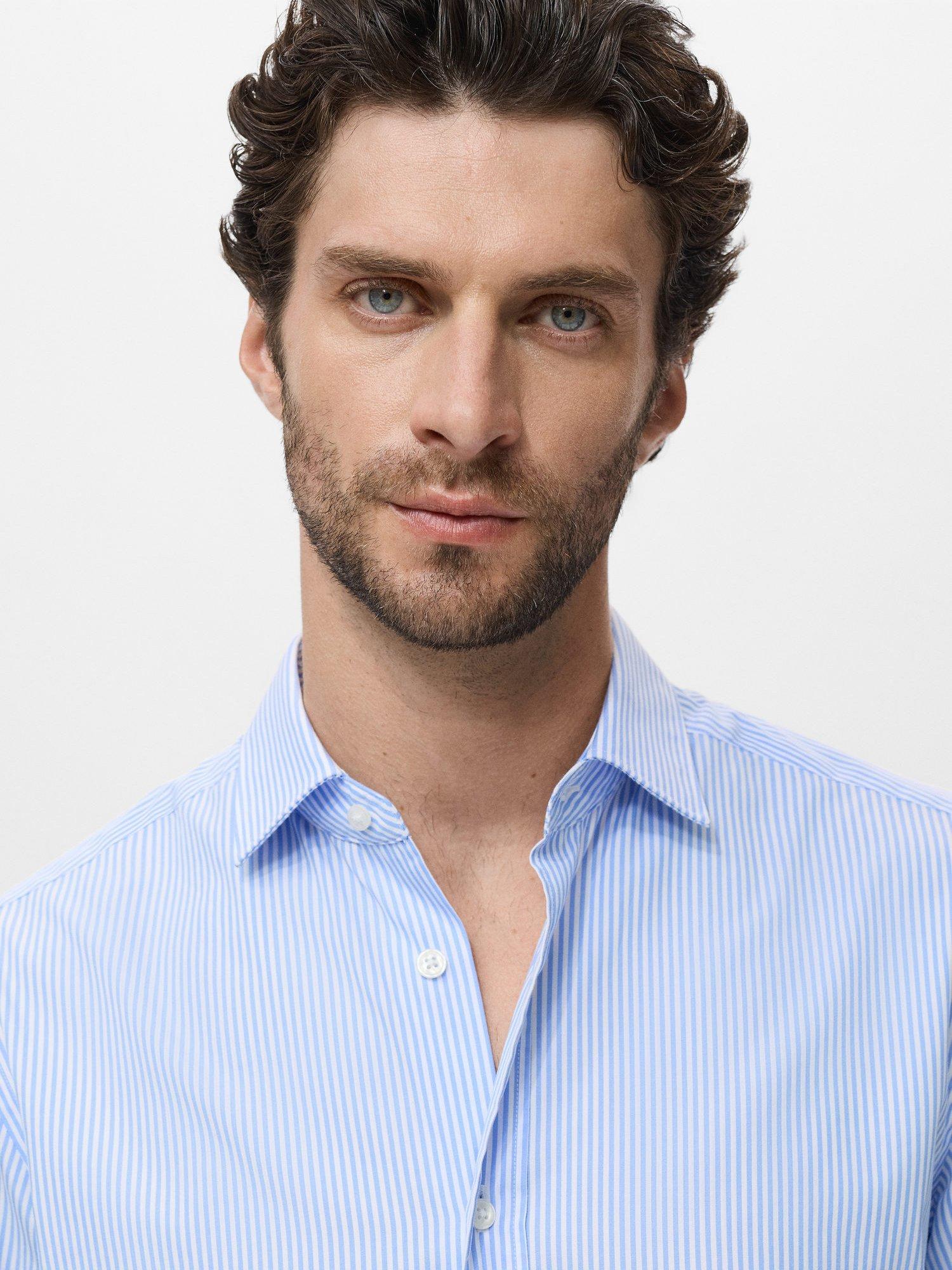 Product image 6 of 8, which shows Mango Playr Cotton Regular Fit Stripe Shirt, Lt-pastel Blue, S