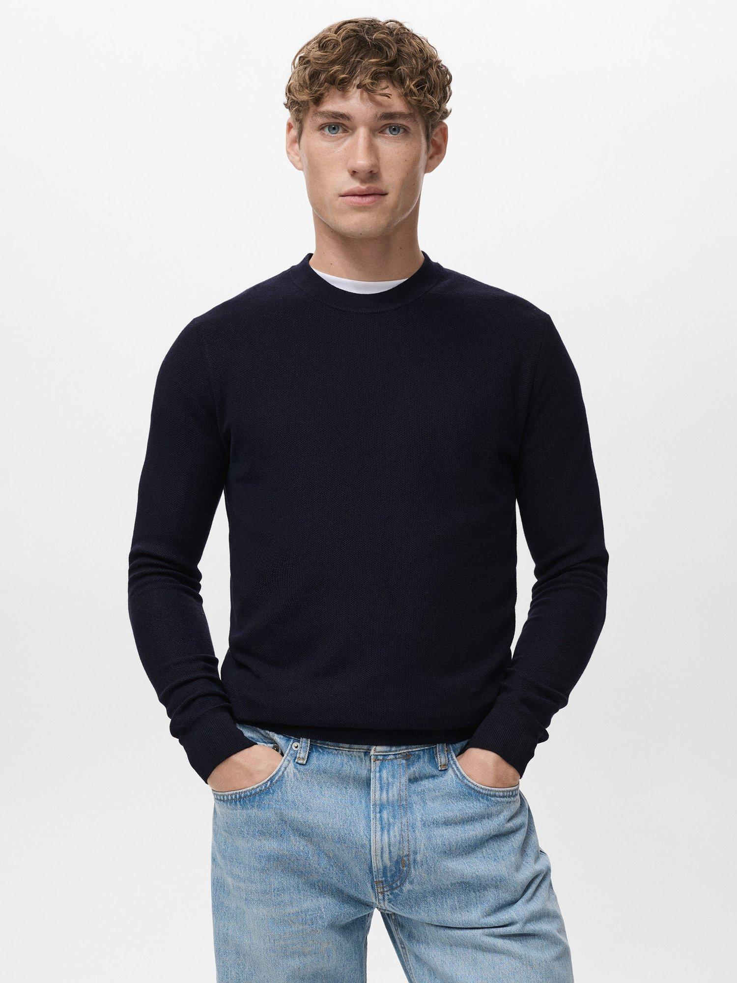 Mango Ten Fine Knit Micro Structure Ribbed Round Neck Jumper, Navy