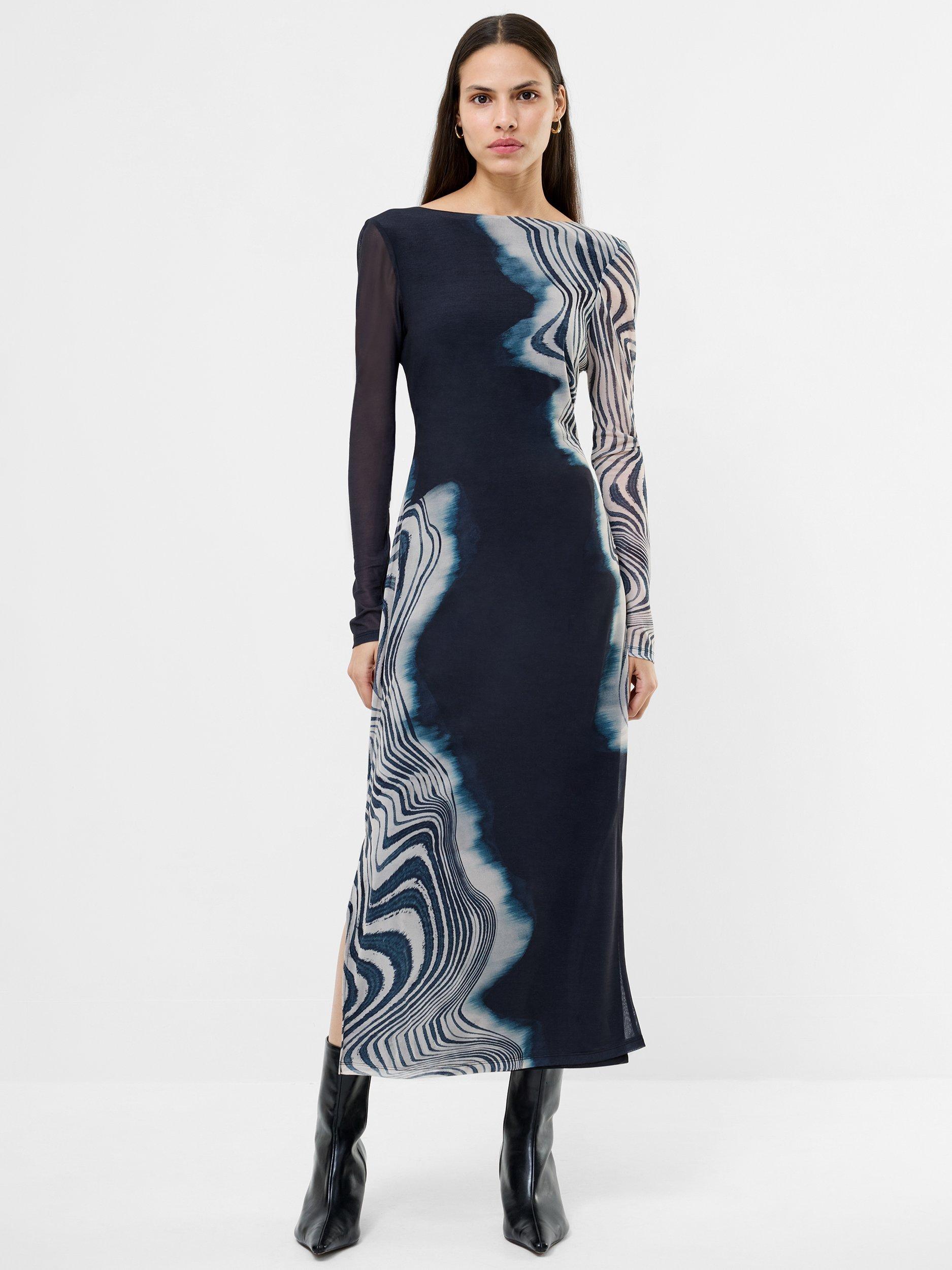 Product image 1 of 4, which shows French Connection Celeste Shuri Mesh Midi Dress, Black/Multi, XS